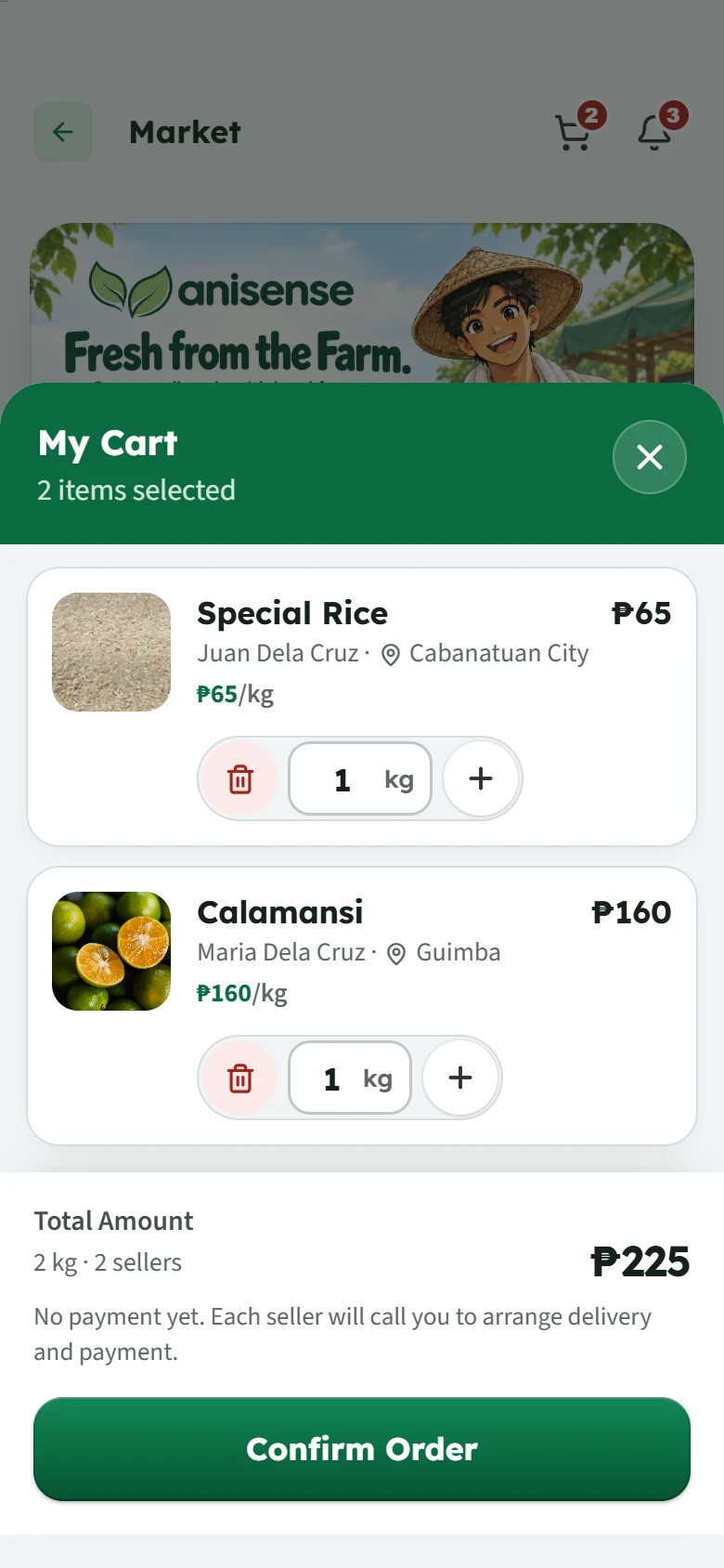 My Cart: Special Rice and Calamansi from two farmers, ₱225 in all, and Confirm Order.