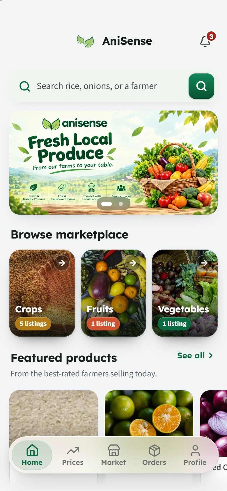 A buyer's Home: crops, fruits and vegetables to browse, featured products from the best-rated farmers, and the cheapest today.