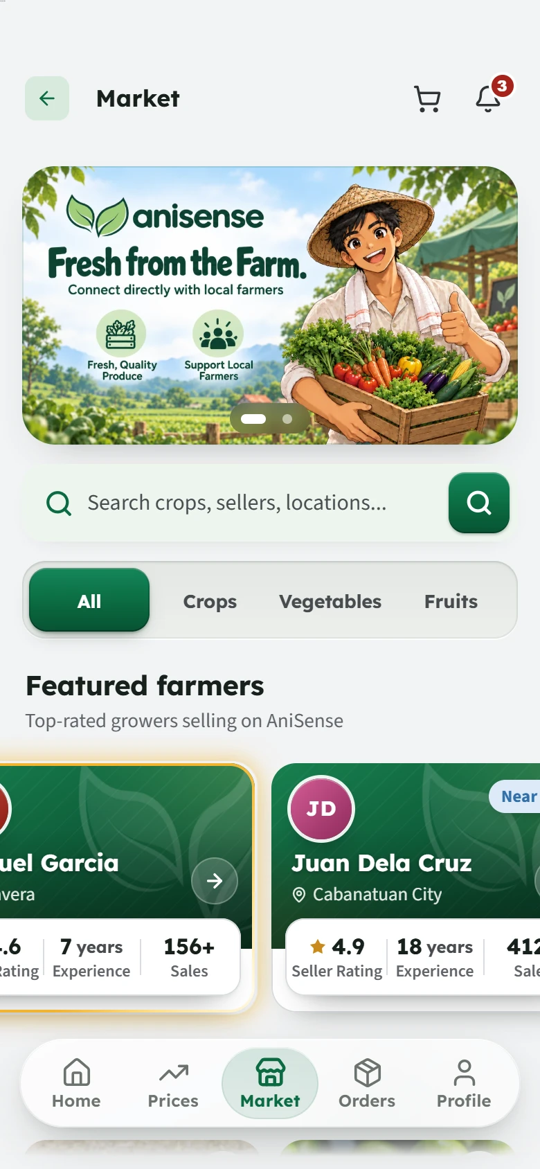 The Market: featured farmers with their ratings and years of experience, then the listings.
