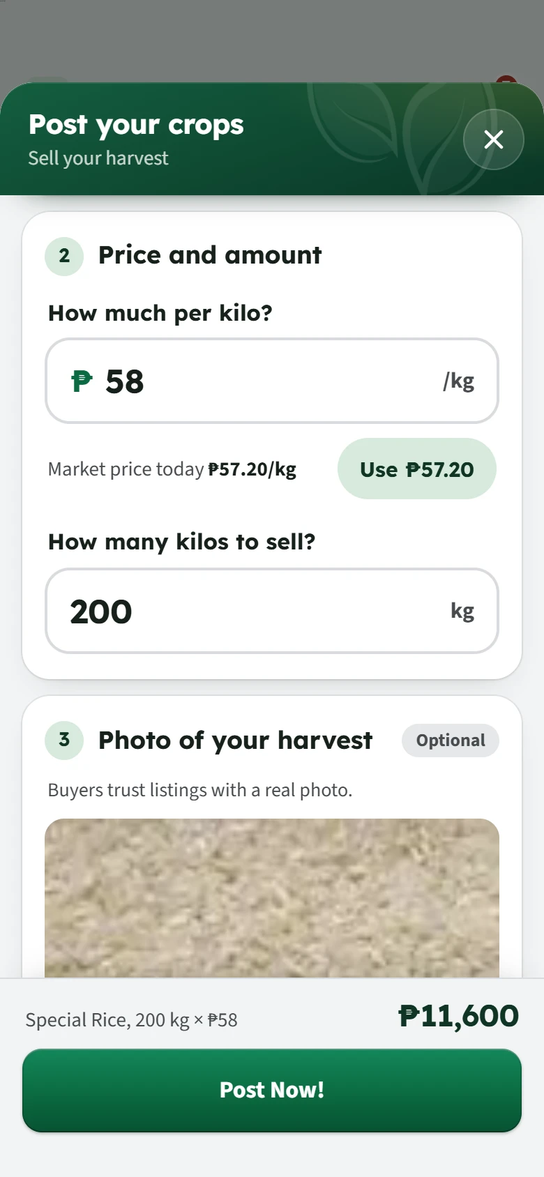 Post your crops, filled in: ₱58 a kilo beside today's market price of ₱57.20, 200 kilos, a photo of the rice, and ₱11,600 in all at the foot.