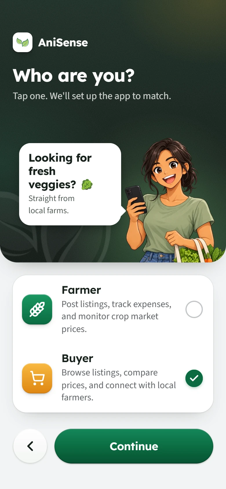 Who are you? with Buyer chosen: browse listings, compare prices, and connect with local farmers.